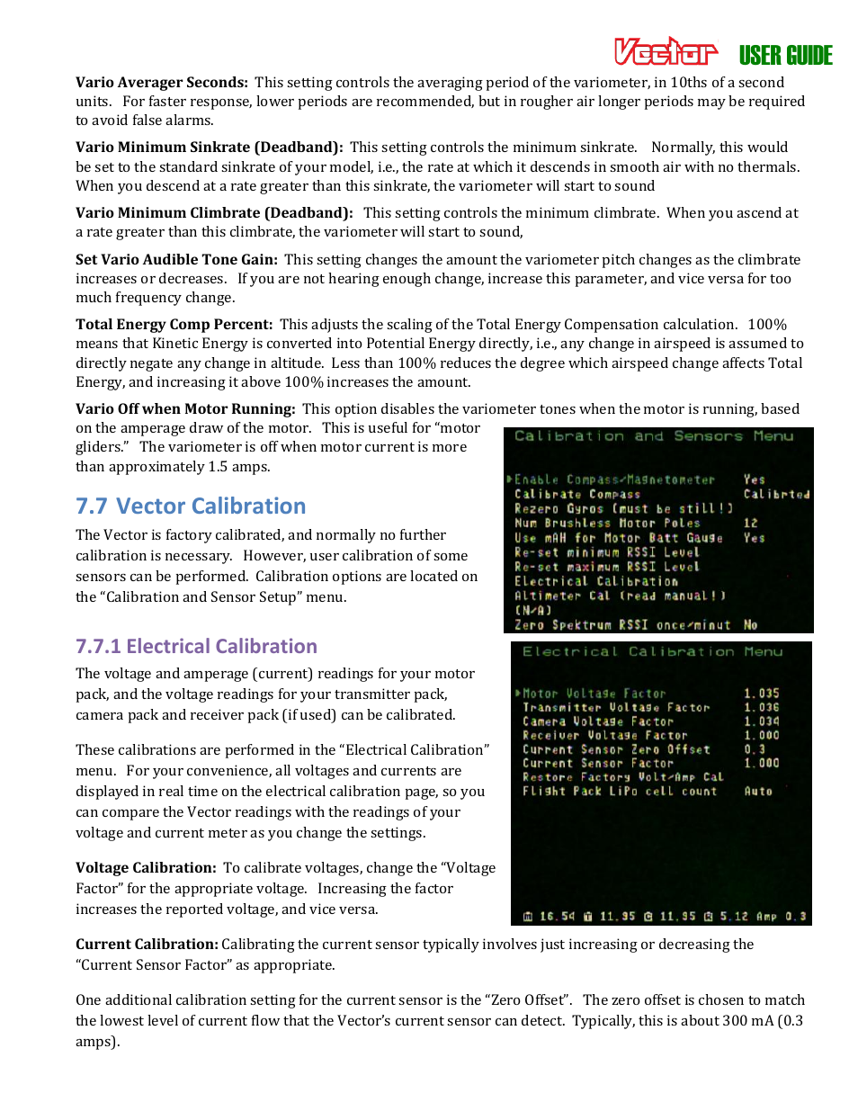 User guide, 7 vector calibration, 1 electrical calibration | Eagle Tree Vector User Manual | Page 76 / 91