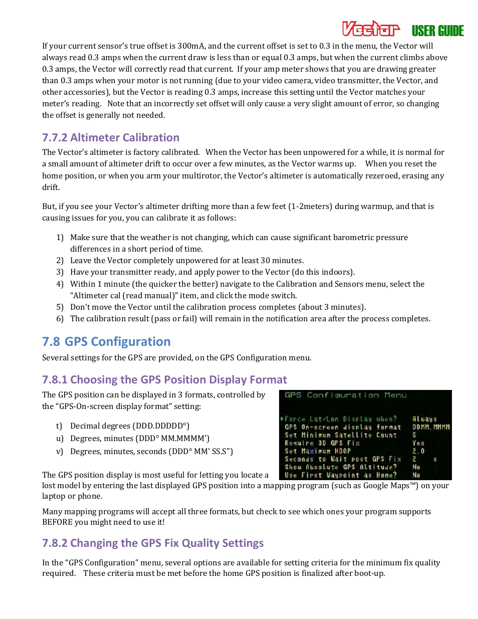 User guide, 8 gps configuration, 2 altimeter calibration | 1 choosing the gps position display format, 2 changing the gps fix quality settings | Eagle Tree Vector User Manual | Page 77 / 91