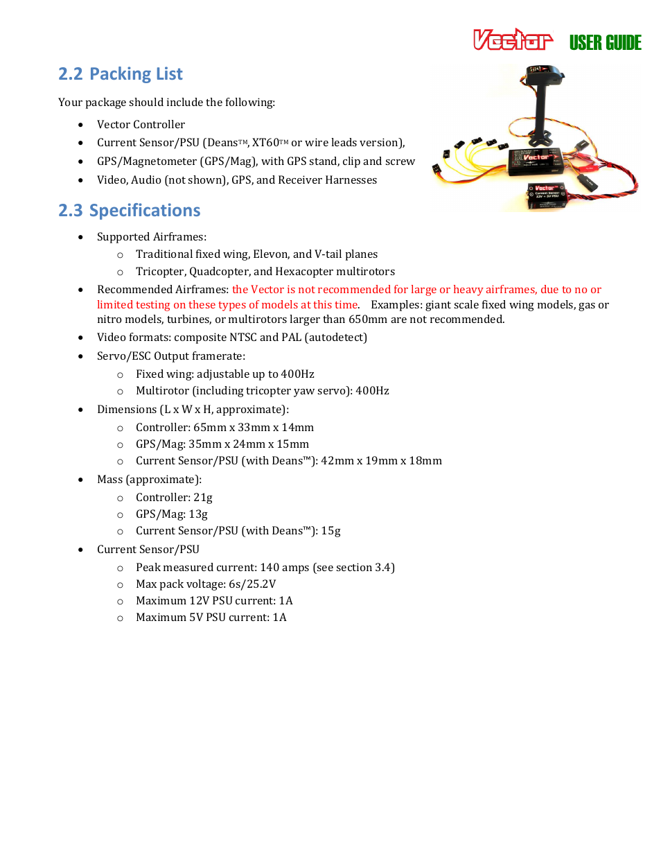 User guide, 2 packing list, 3 specifications | Eagle Tree Vector User Manual | Page 8 / 91