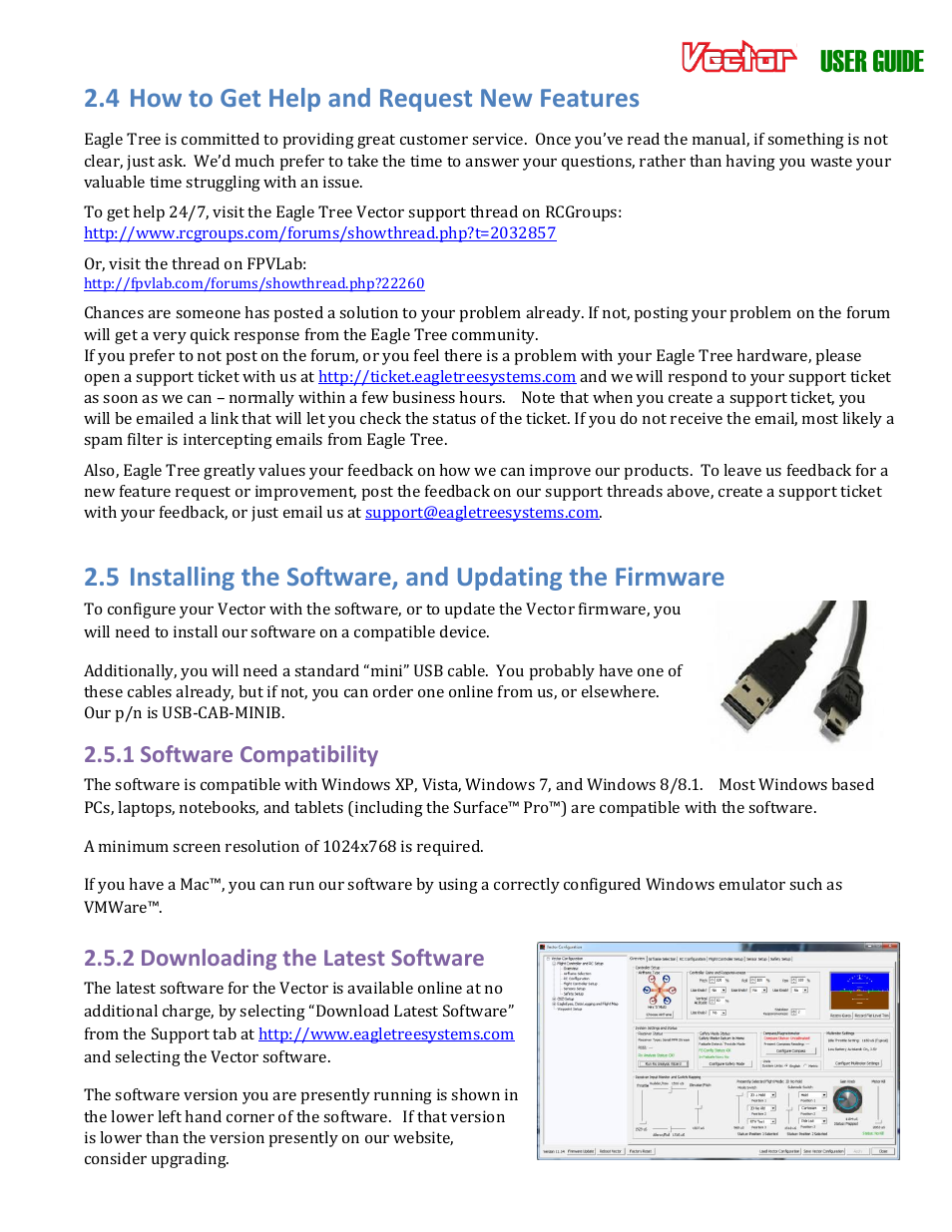 User guide, 4 how to get help and request new features, 1 software compatibility | 2 downloading the latest software | Eagle Tree Vector User Manual | Page 9 / 91