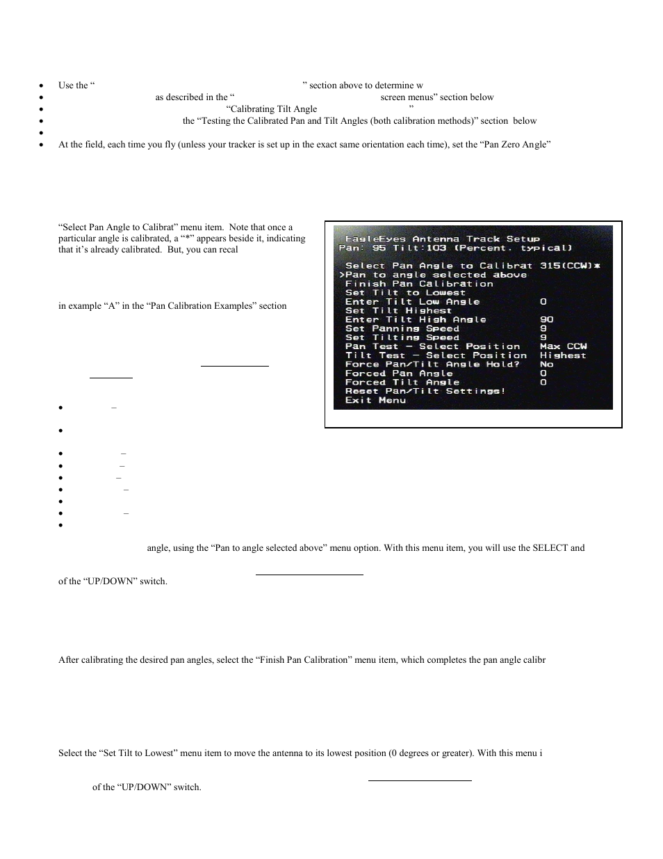 Pan angle calibration steps with on-screen menus | Eagle Tree EagleEyes FPV Station User Manual | Page 18 / 23