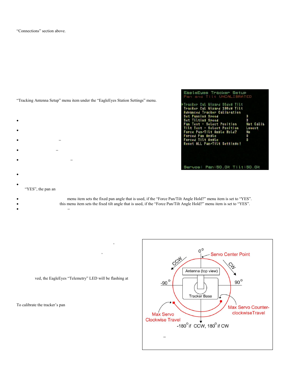 How to set up the antenna tracking hardware, The eagleeyes tracker setup onscreen menu, Calibrating pan angles | Eagle Tree EagleEyes FPV Station User Manual | Page 8 / 23