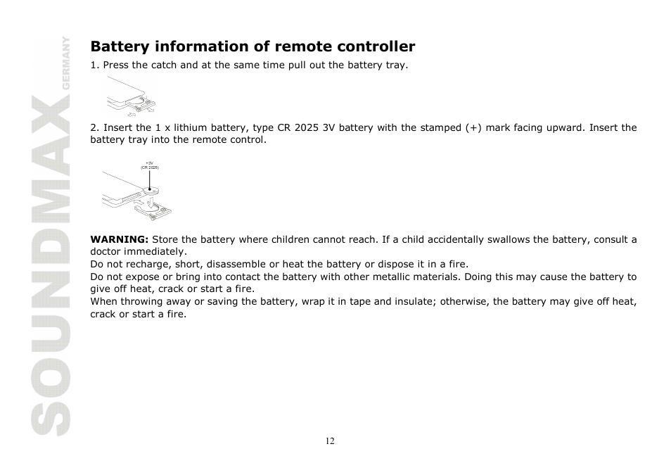 Battery information of remote controller | SoundMax SM-CMD2020 User Manual | Page 12 / 81