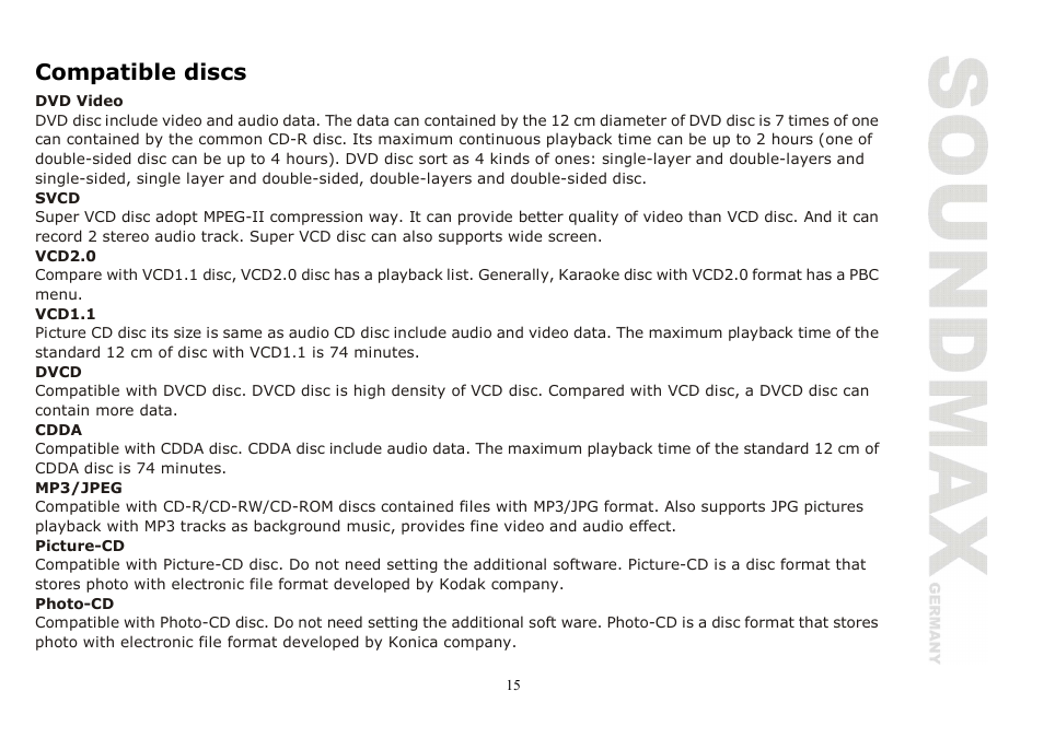 Compatible discs | SoundMax SM-CMD2020 User Manual | Page 15 / 81