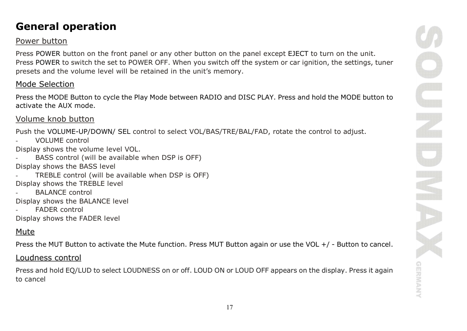 General operation | SoundMax SM-CMD2020 User Manual | Page 17 / 81