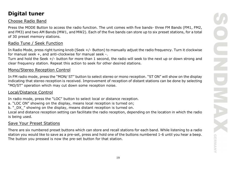 Digital tuner | SoundMax SM-CMD2020 User Manual | Page 19 / 81
