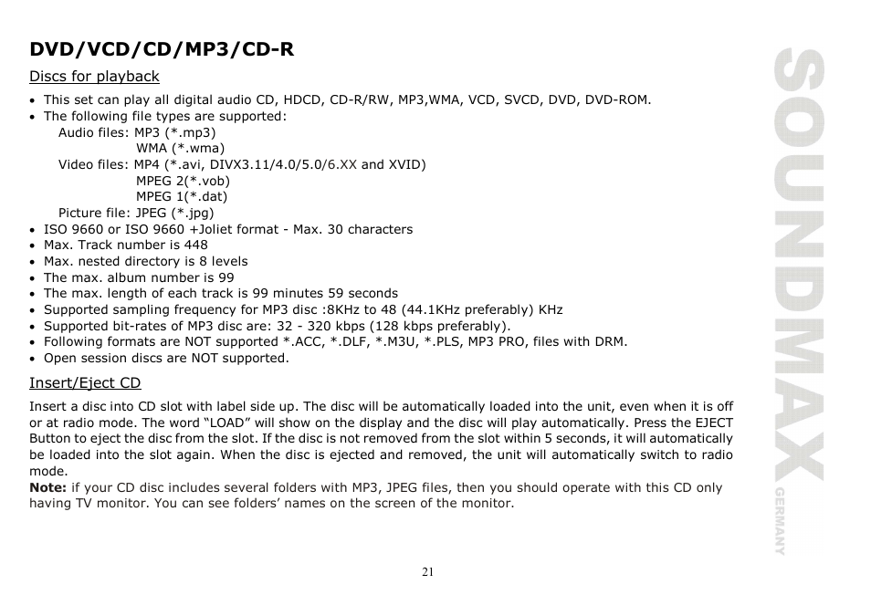 Dvd/vcd/cd/mp3/cd-r | SoundMax SM-CMD2020 User Manual | Page 21 / 81
