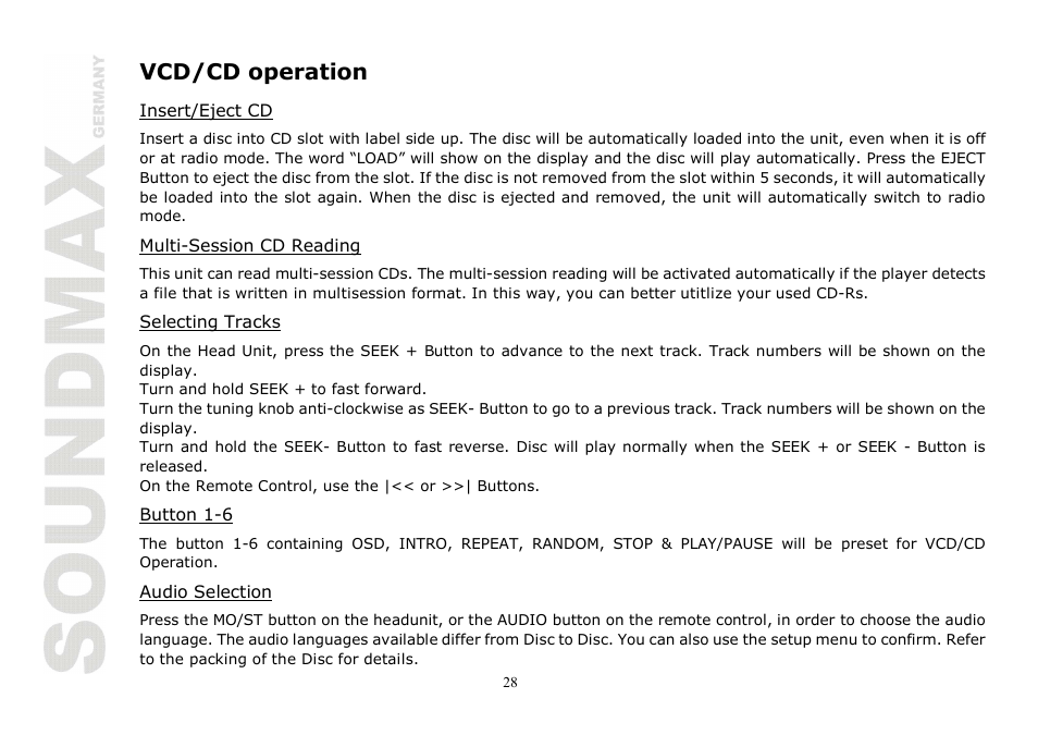 Vcd/cd operation | SoundMax SM-CMD2020 User Manual | Page 28 / 81