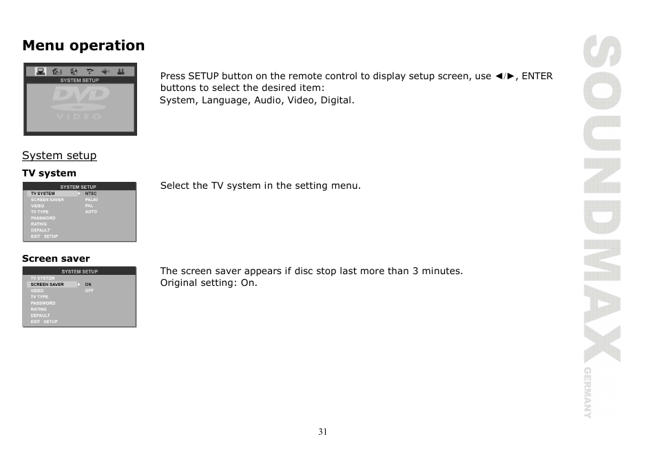 Menu operation | SoundMax SM-CMD2020 User Manual | Page 31 / 81