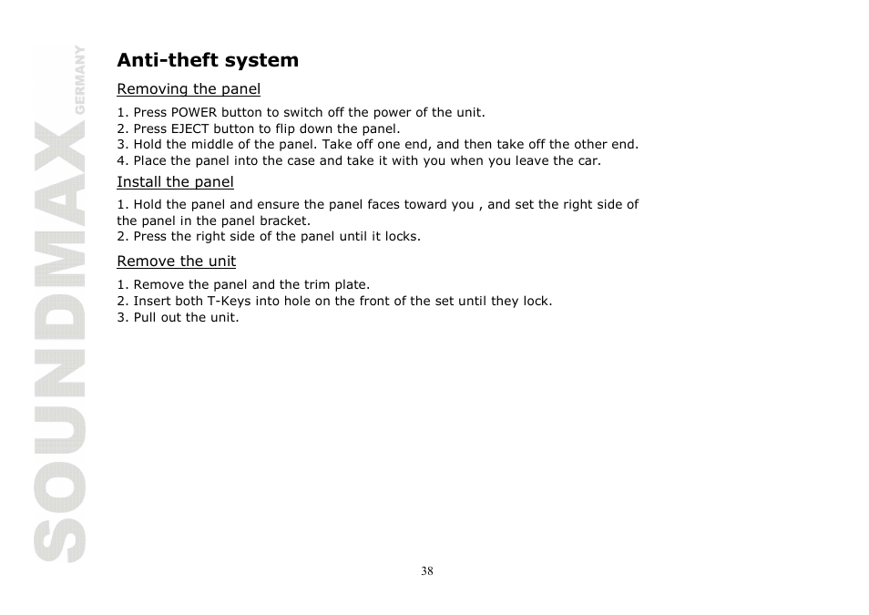 Anti-theft system | SoundMax SM-CMD2020 User Manual | Page 38 / 81