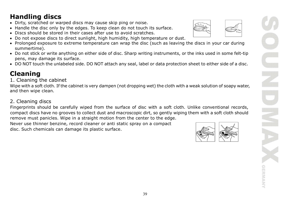 Handling discs, Cleaning | SoundMax SM-CMD2020 User Manual | Page 39 / 81