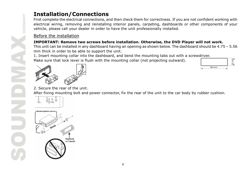 Installation/connections | SoundMax SM-CMD2020 User Manual | Page 4 / 81