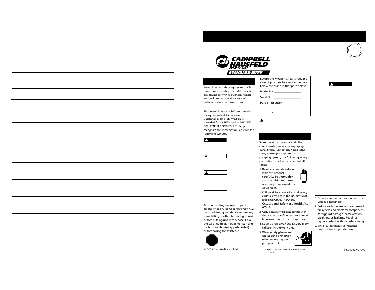 Campbell Hausfeld FP2030 User Manual | 5 pages