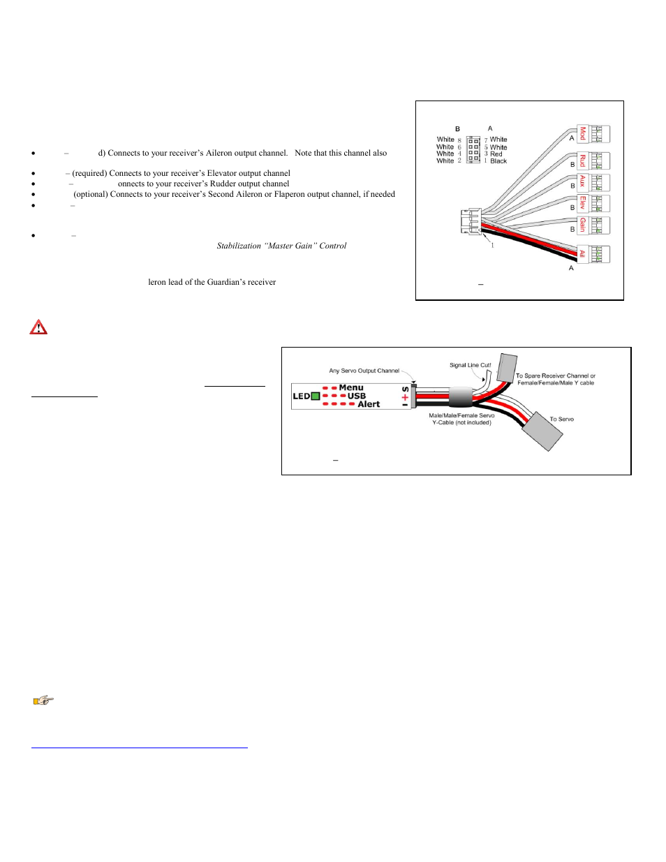 The receiver connection harness 4, Configuring the mode and gain channels 4, The receiver connection harness | Configuring the mode and gain channels | Eagle Tree Guardian 2D/3D Stabilizer User Manual | Page 4 / 14