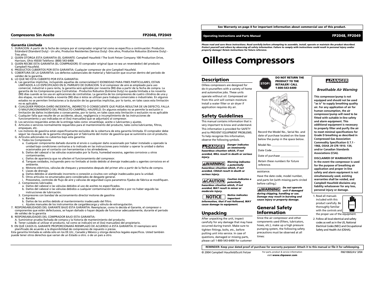 Campbell Hausfeld FP2049 User Manual | 12 pages