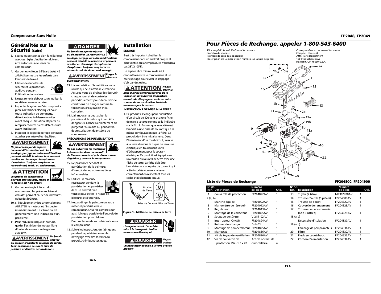 Attention, Danger, Généralités sur la sécurité | Installation | Campbell Hausfeld FP2049 User Manual | Page 10 / 12