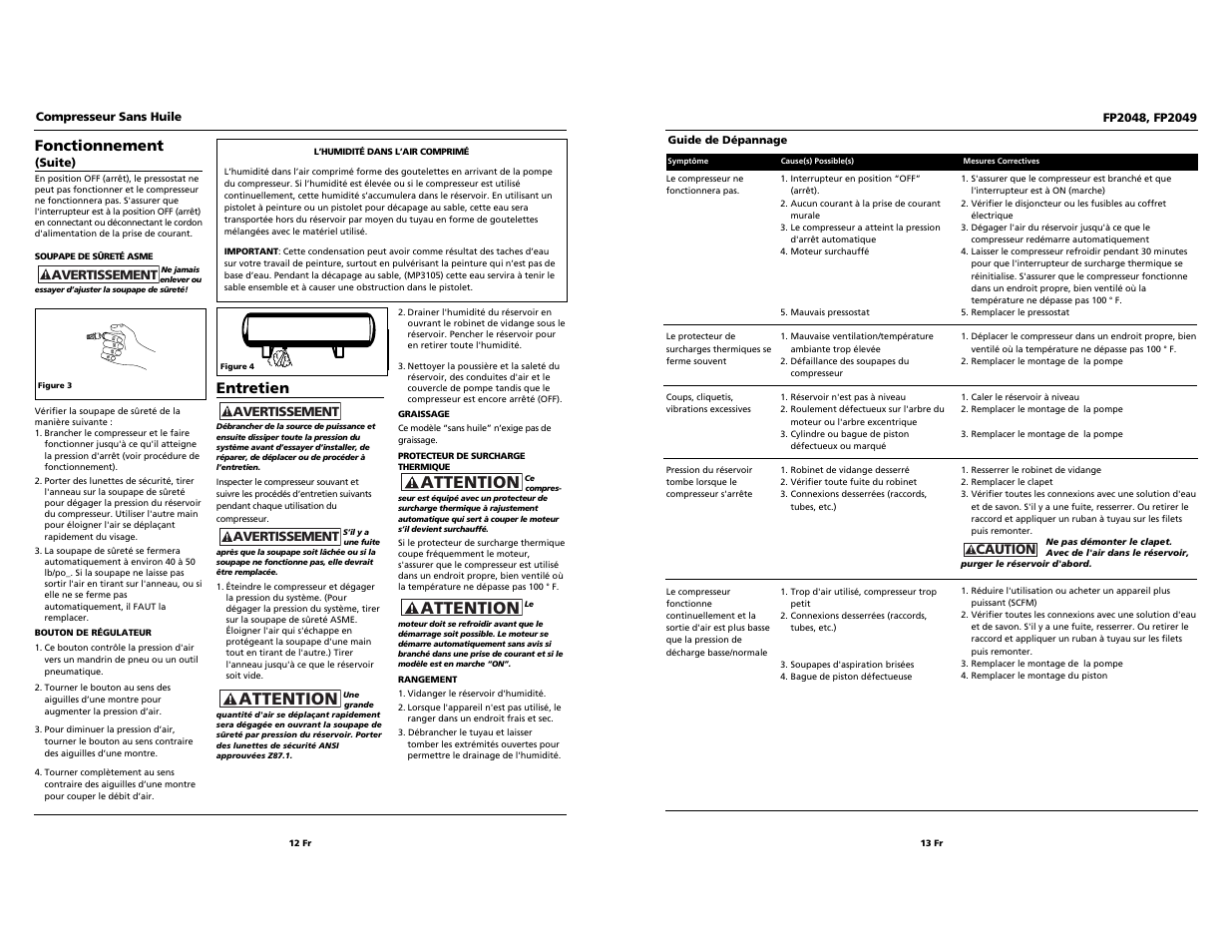 Attention, Fonctionnement, Entretien | Campbell Hausfeld FP2049 User Manual | Page 12 / 12