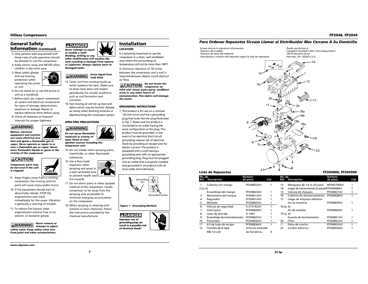 General safety information, Installation | Campbell Hausfeld FP2049 User Manual | Page 2 / 12