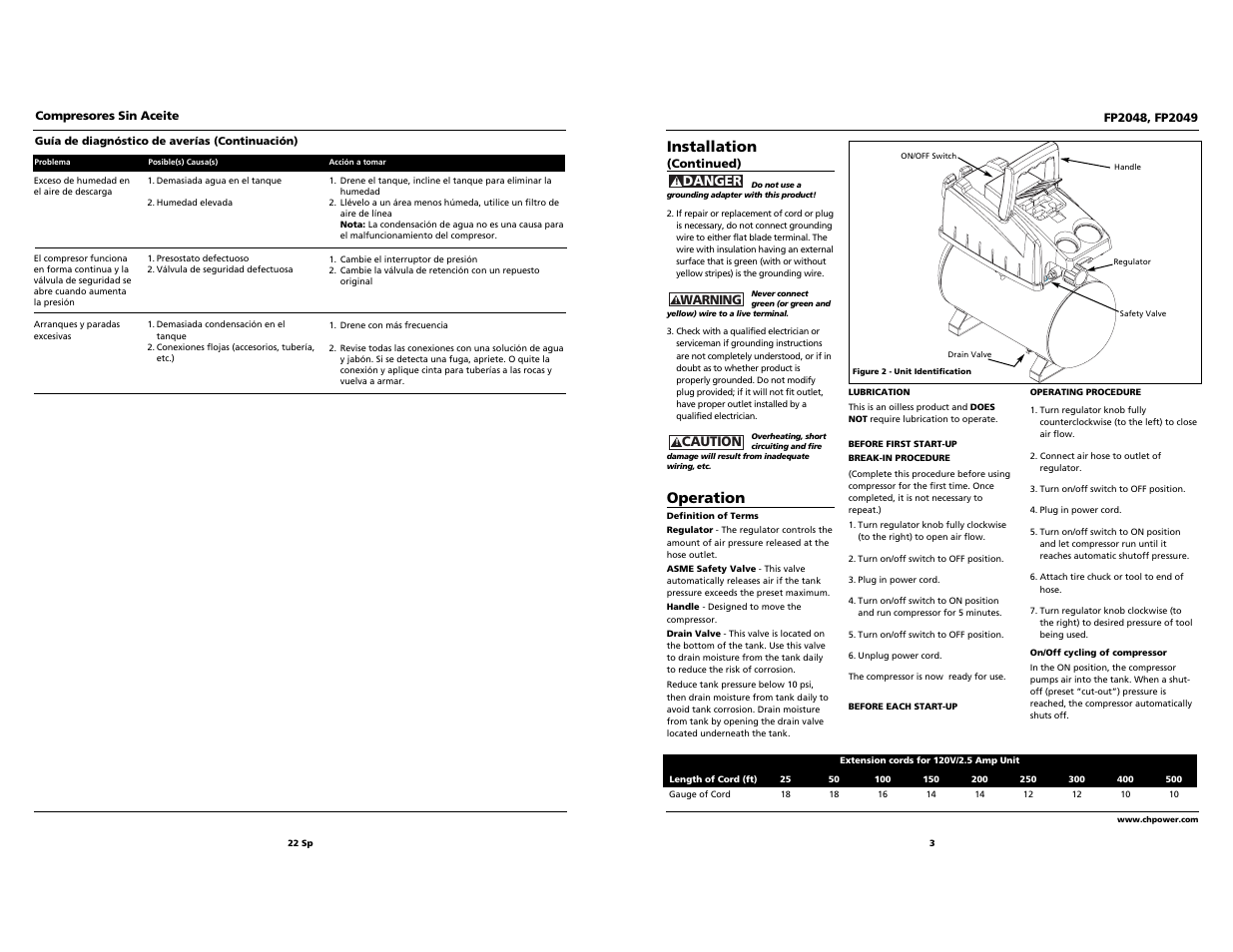 Installation, Operation | Campbell Hausfeld FP2049 User Manual | Page 3 / 12