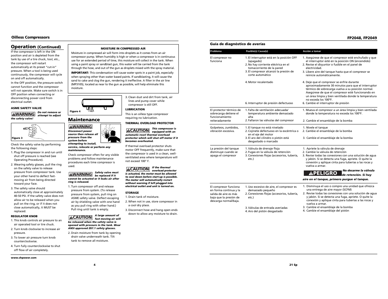 Peligro, Operation, Maintenance | Campbell Hausfeld FP2049 User Manual | Page 4 / 12