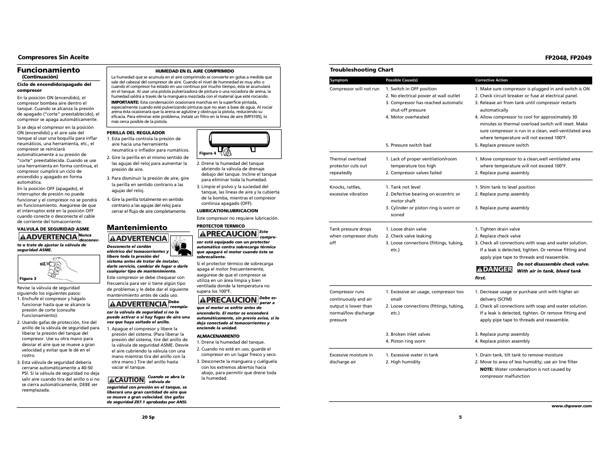 Precaucion, Funcionamiento, Advertencia | Mantenimiento | Campbell Hausfeld FP2049 User Manual | Page 5 / 12