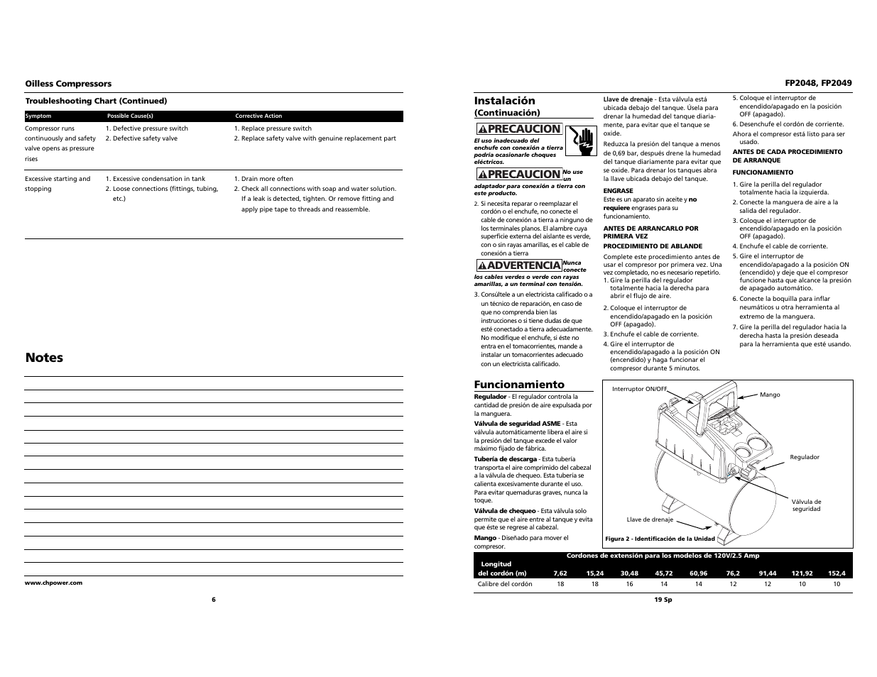 Precaucion, Instalación, Funcionamiento | Advertencia | Campbell Hausfeld FP2049 User Manual | Page 6 / 12