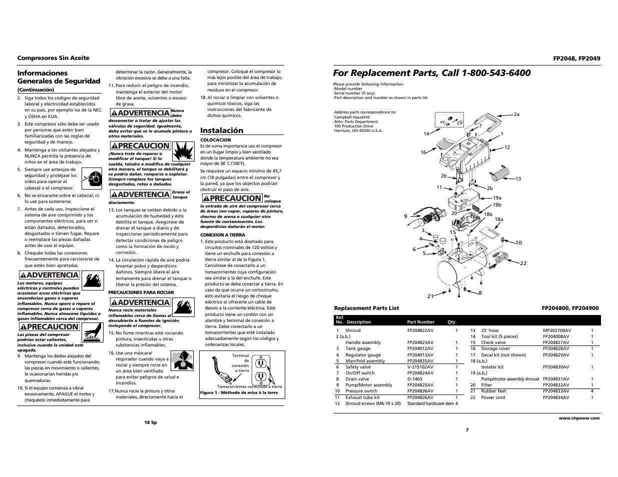 Precaucion, Advertencia, Instalación | Campbell Hausfeld FP2049 User Manual | Page 7 / 12