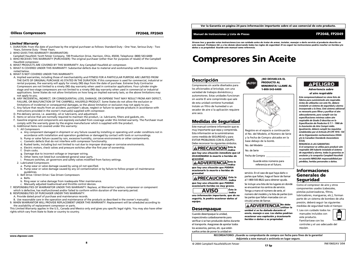 Compresores sin aceite, Aviso, Peligro | Precaucion, Informaciones generales de seguridad, Advertencia, Descripción, Medidas de seguridad, Desempaque | Campbell Hausfeld FP2049 User Manual | Page 8 / 12