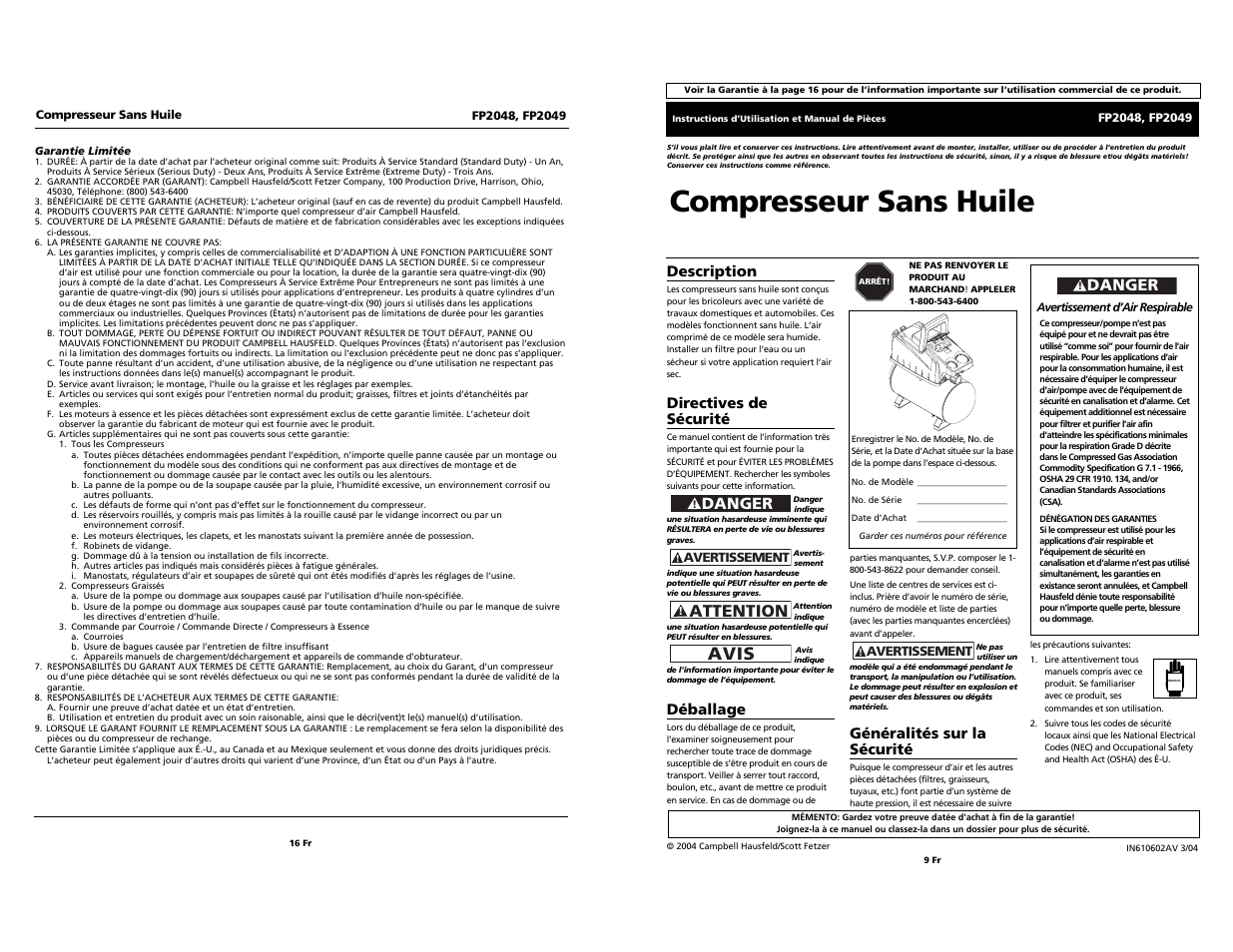 Compresseur sans huile, Avis, Attention | Danger, Généralités sur la sécurité, Description, Directives de sécurité, Déballage | Campbell Hausfeld FP2049 User Manual | Page 9 / 12