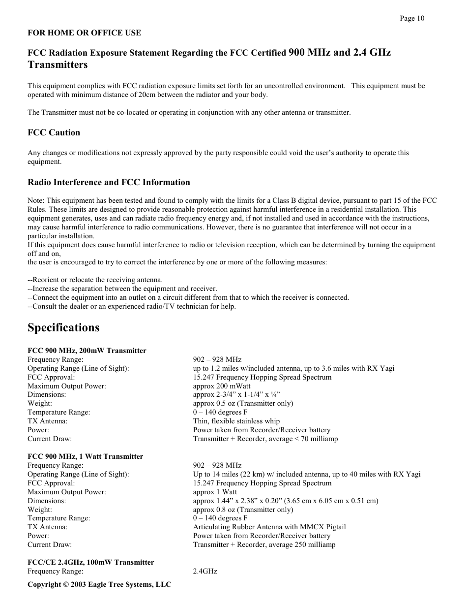 Specifications | Eagle Tree Seagull Expander User Manual | Page 10 / 12