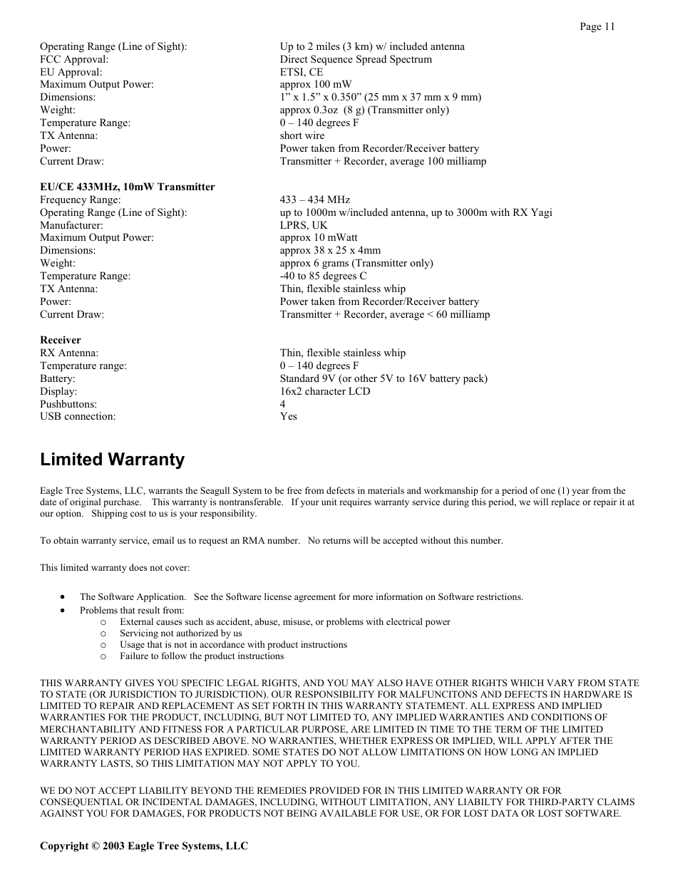 Limited warranty | Eagle Tree Seagull Expander User Manual | Page 11 / 12