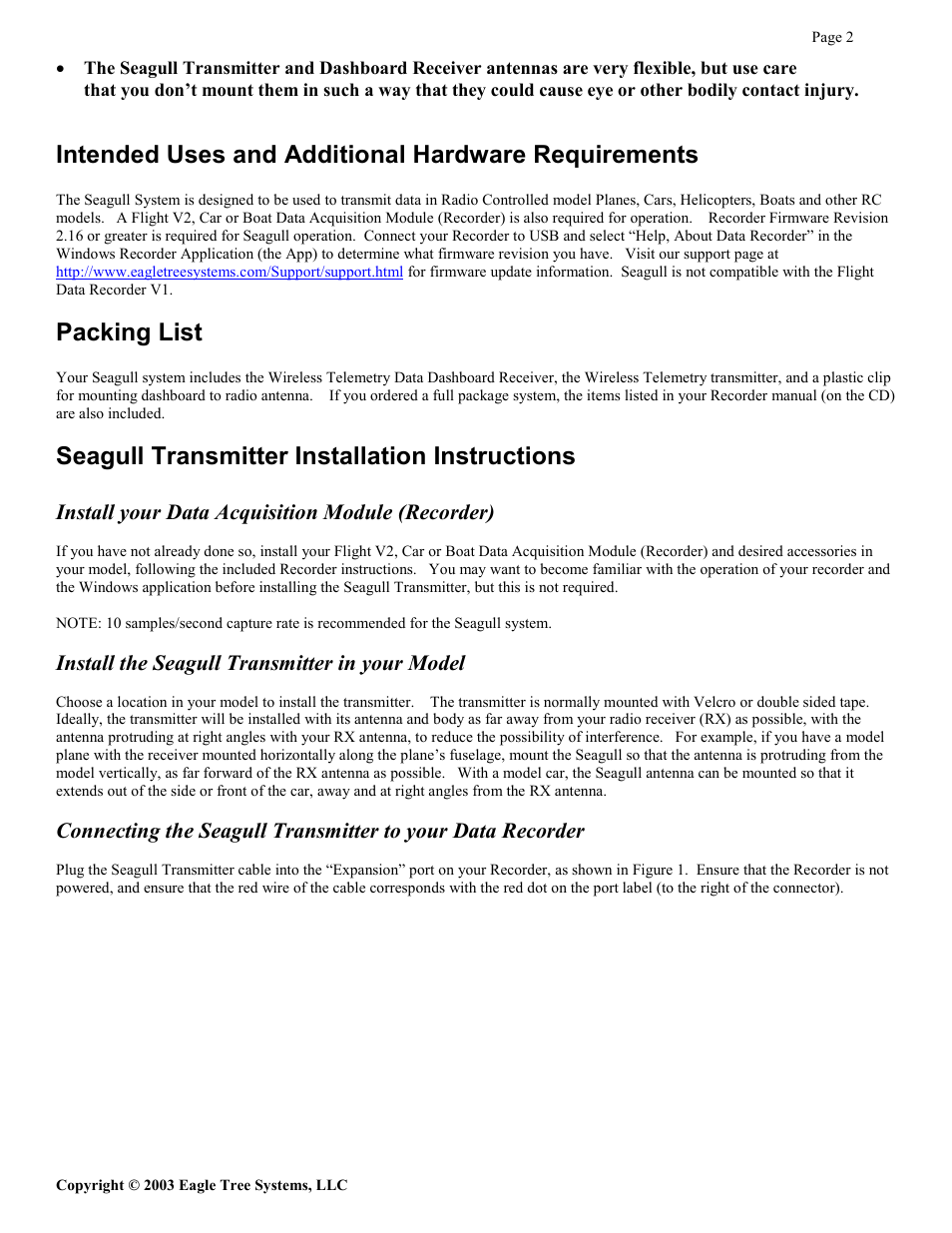 Intended uses and additional hardware requirements, Packing list, Seagull transmitter installation instructions | Eagle Tree Seagull Expander User Manual | Page 2 / 12