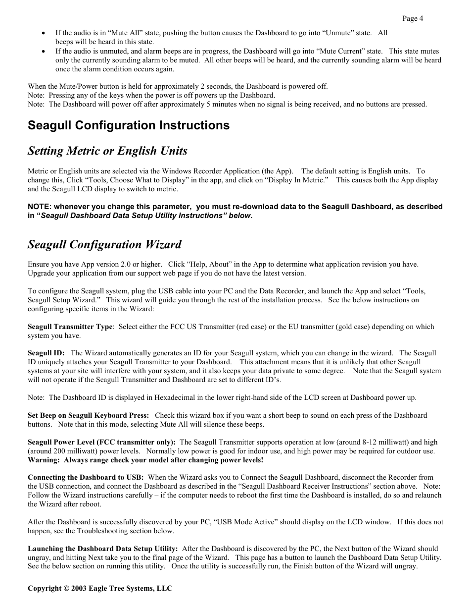 Seagull configuration instructions, Setting metric or english units, Seagull configuration wizard | Eagle Tree Seagull Expander User Manual | Page 4 / 12