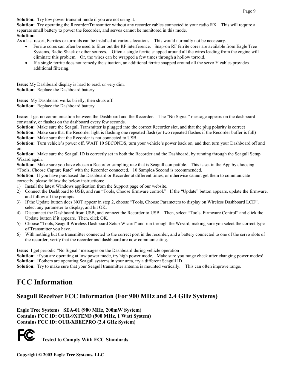 Fcc information | Eagle Tree Seagull Expander User Manual | Page 9 / 12