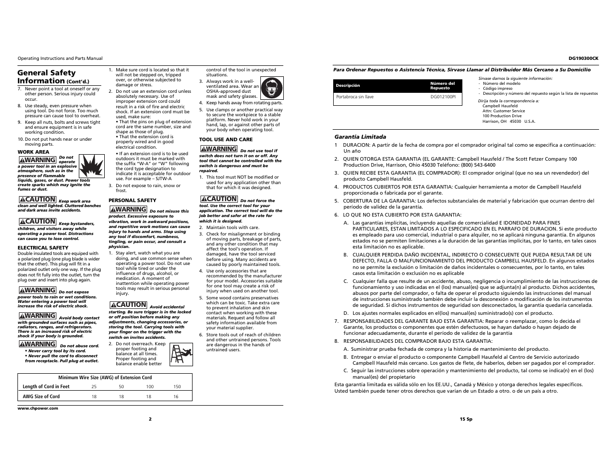 General safety information | Campbell Hausfeld DG190300CK User Manual | Page 2 / 8