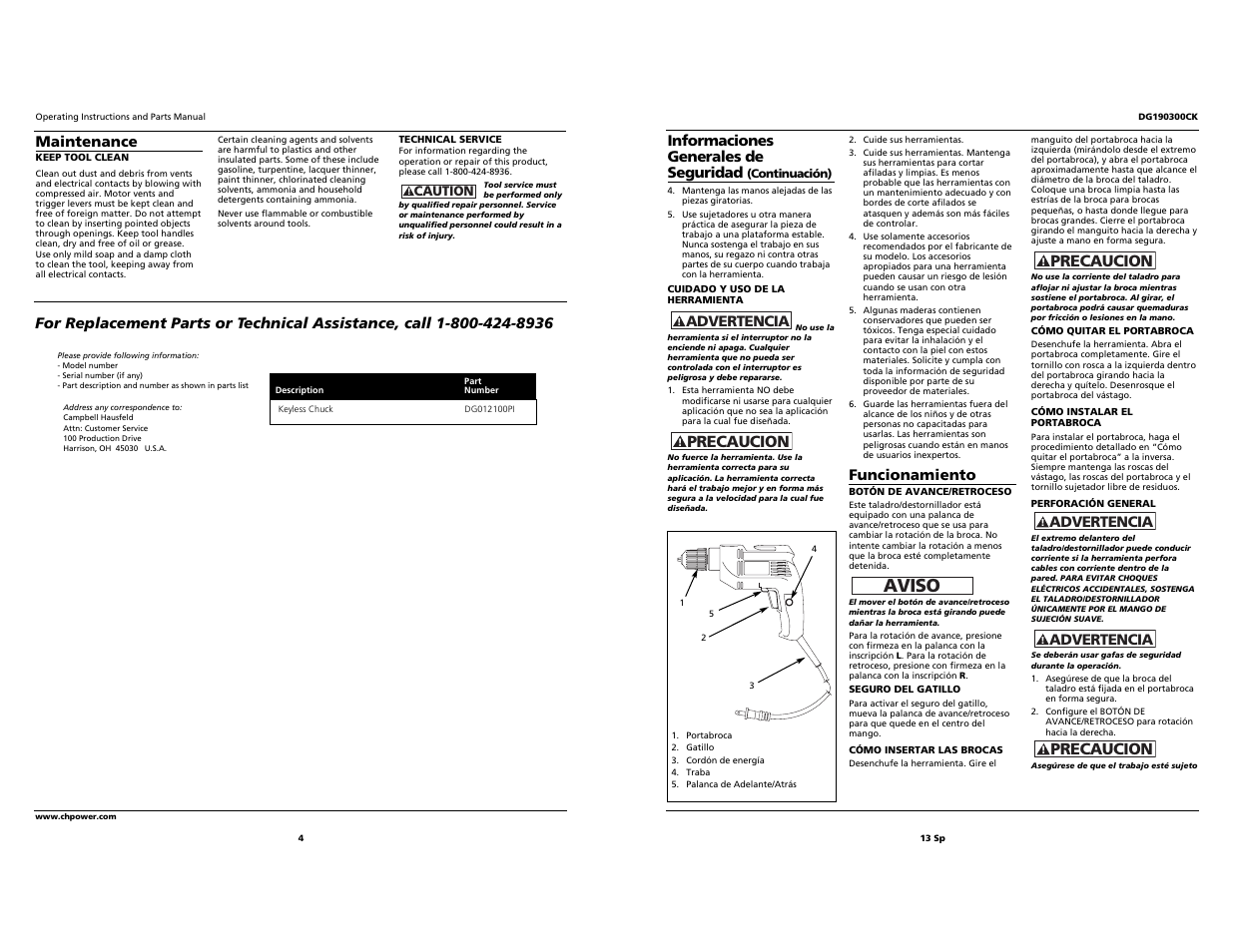 Aviso, Precaucion | Campbell Hausfeld DG190300CK User Manual | Page 4 / 8