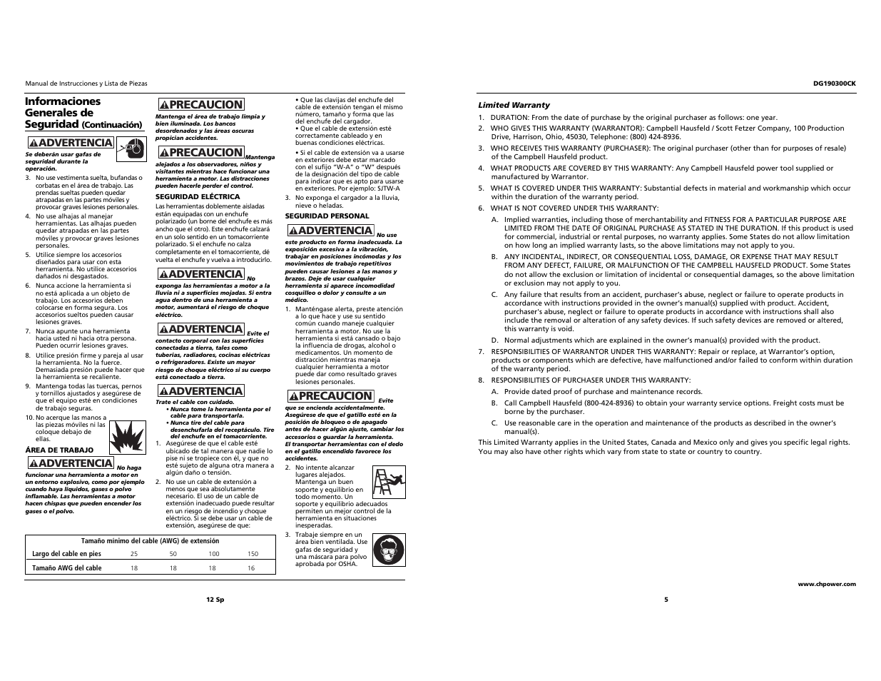 Precaucion, Advertencia, Informaciones generales de seguridad | Campbell Hausfeld DG190300CK User Manual | Page 5 / 8