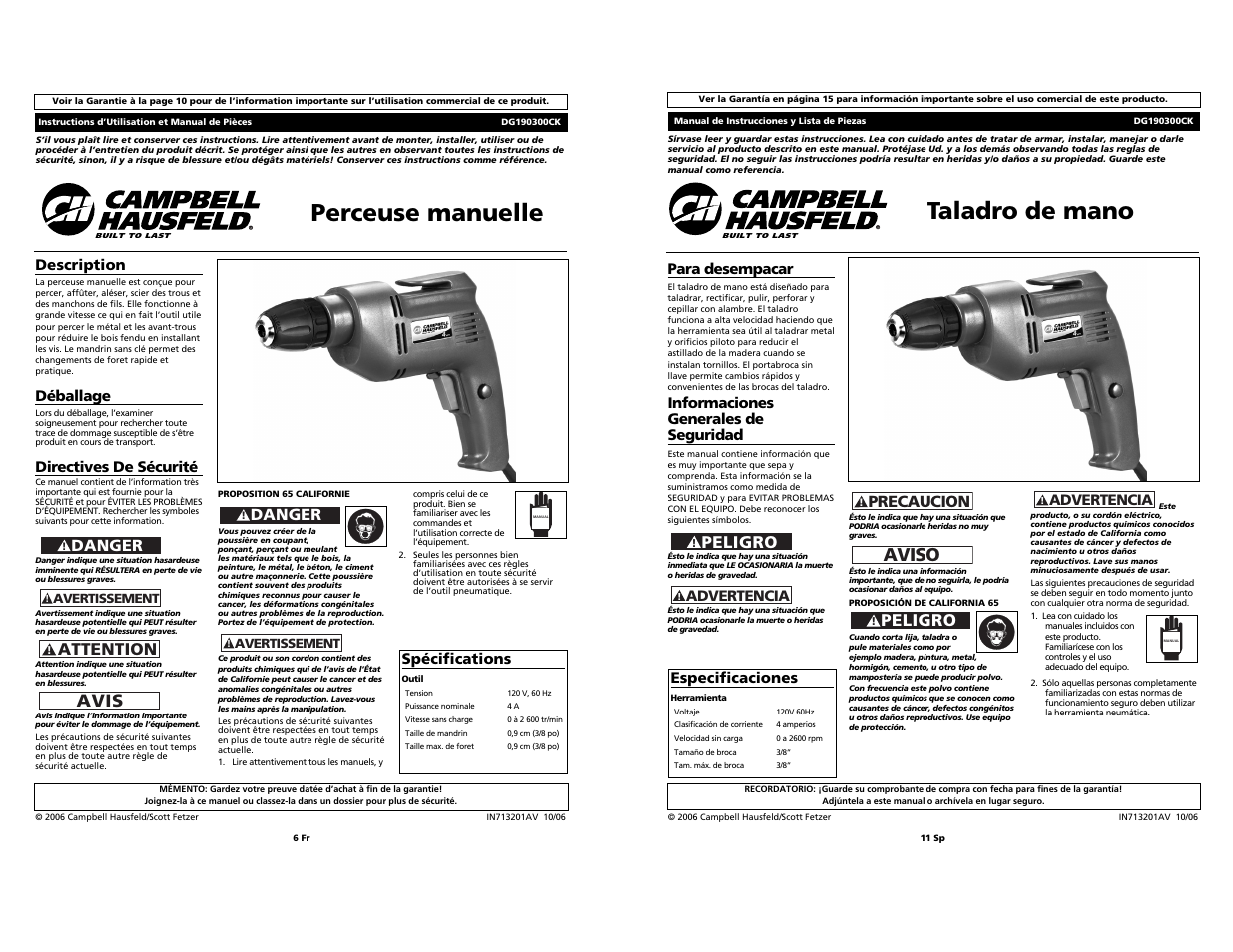 Taladro de mano, Perceuse manuelle, Aviso | Peligro, Avis, Attention, Precaucion, Danger | Campbell Hausfeld DG190300CK User Manual | Page 6 / 8