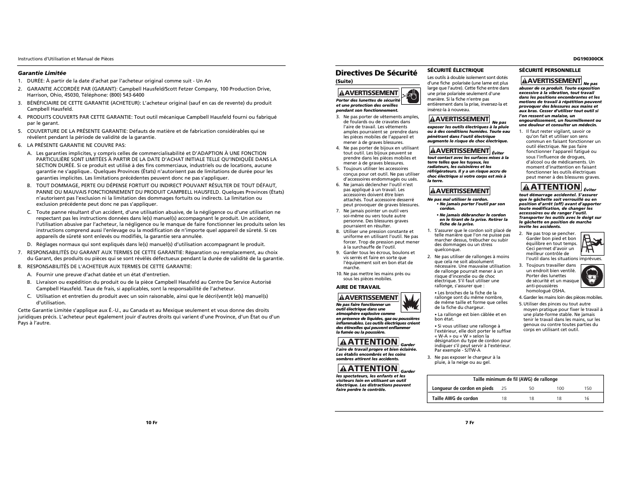 Attention, Directives de sécurité | Campbell Hausfeld DG190300CK User Manual | Page 7 / 8