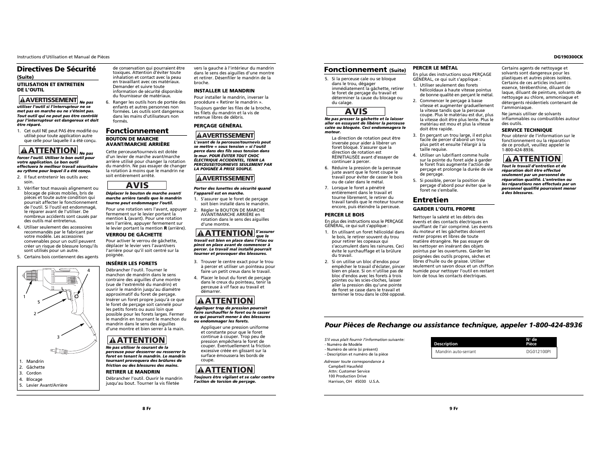 Avis, Attention, Attention avis | Entretien, Fonctionnement, Directives de sécurité | Campbell Hausfeld DG190300CK User Manual | Page 8 / 8