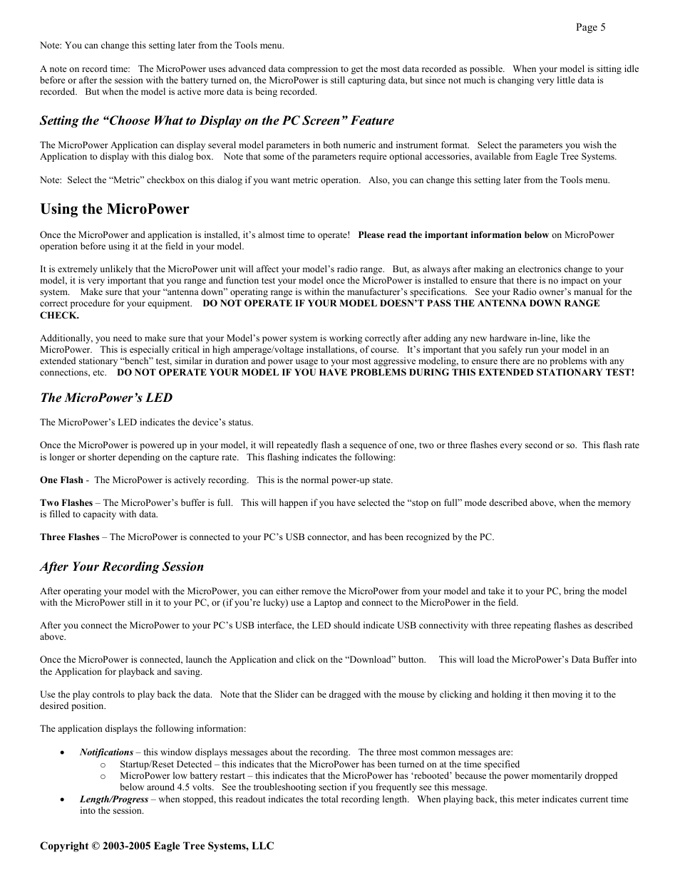 Using the micropower | Eagle Tree eLogger V2 User Manual | Page 5 / 8