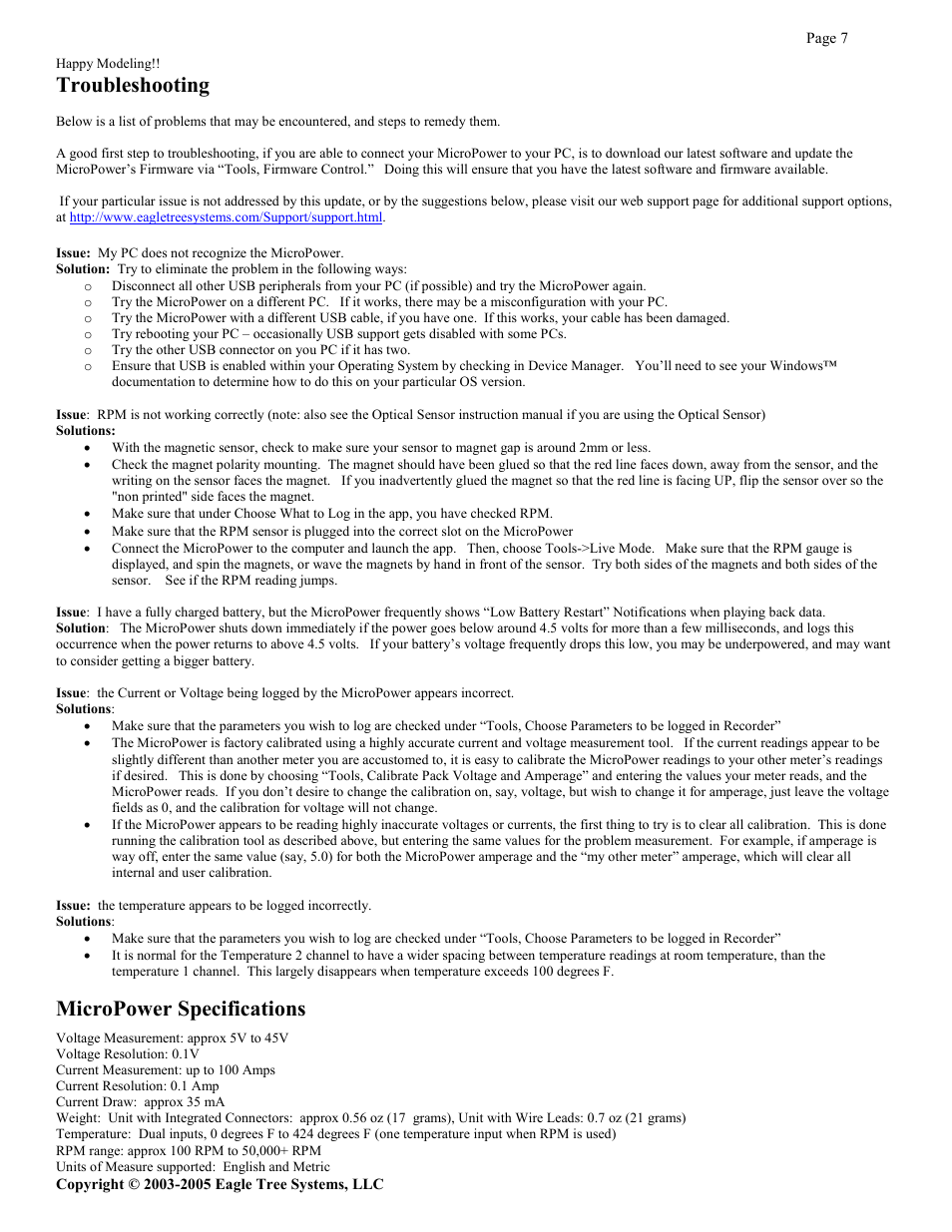 Troubleshooting, Micropower specifications | Eagle Tree eLogger V2 User Manual | Page 7 / 8