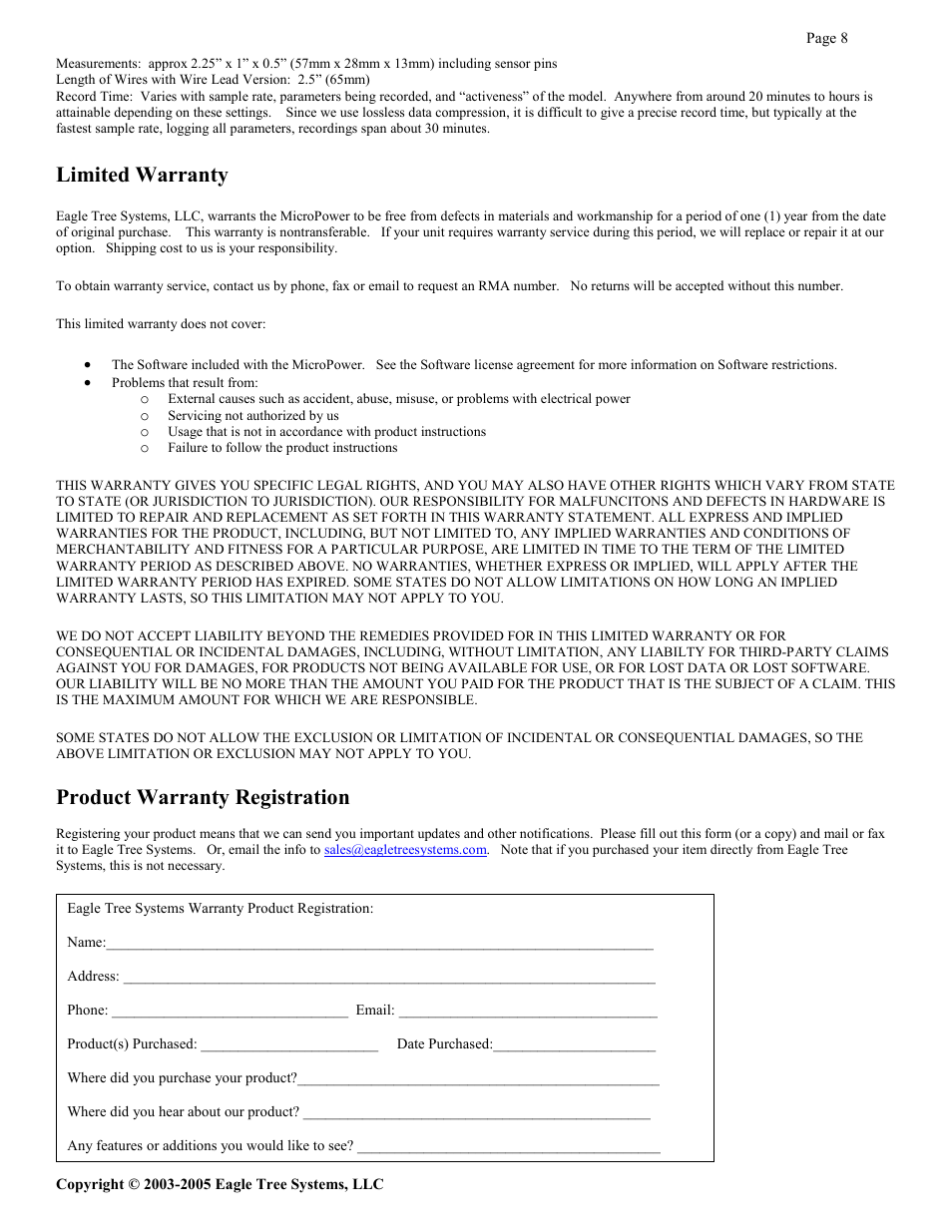 Limited warranty, Product warranty registration | Eagle Tree eLogger V2 User Manual | Page 8 / 8