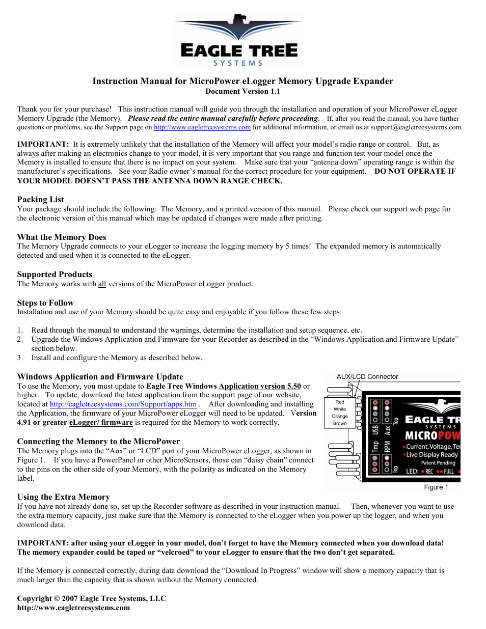 Eagle Tree eLogger Memory Upgrade Expander User Manual | 2 pages