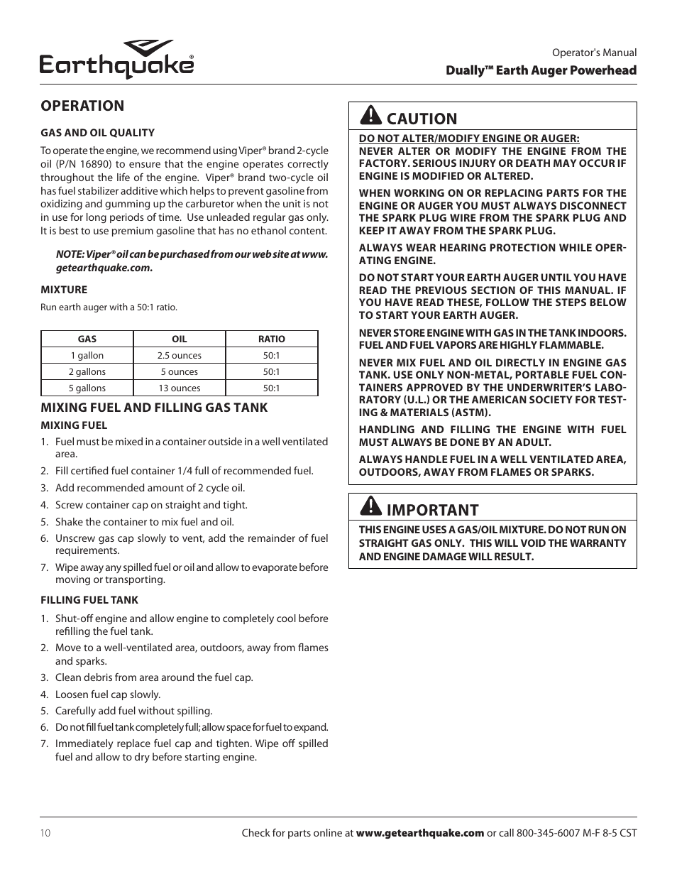 Caution, Important, Operation | EarthQuake 10310 User Manual | Page 10 / 72