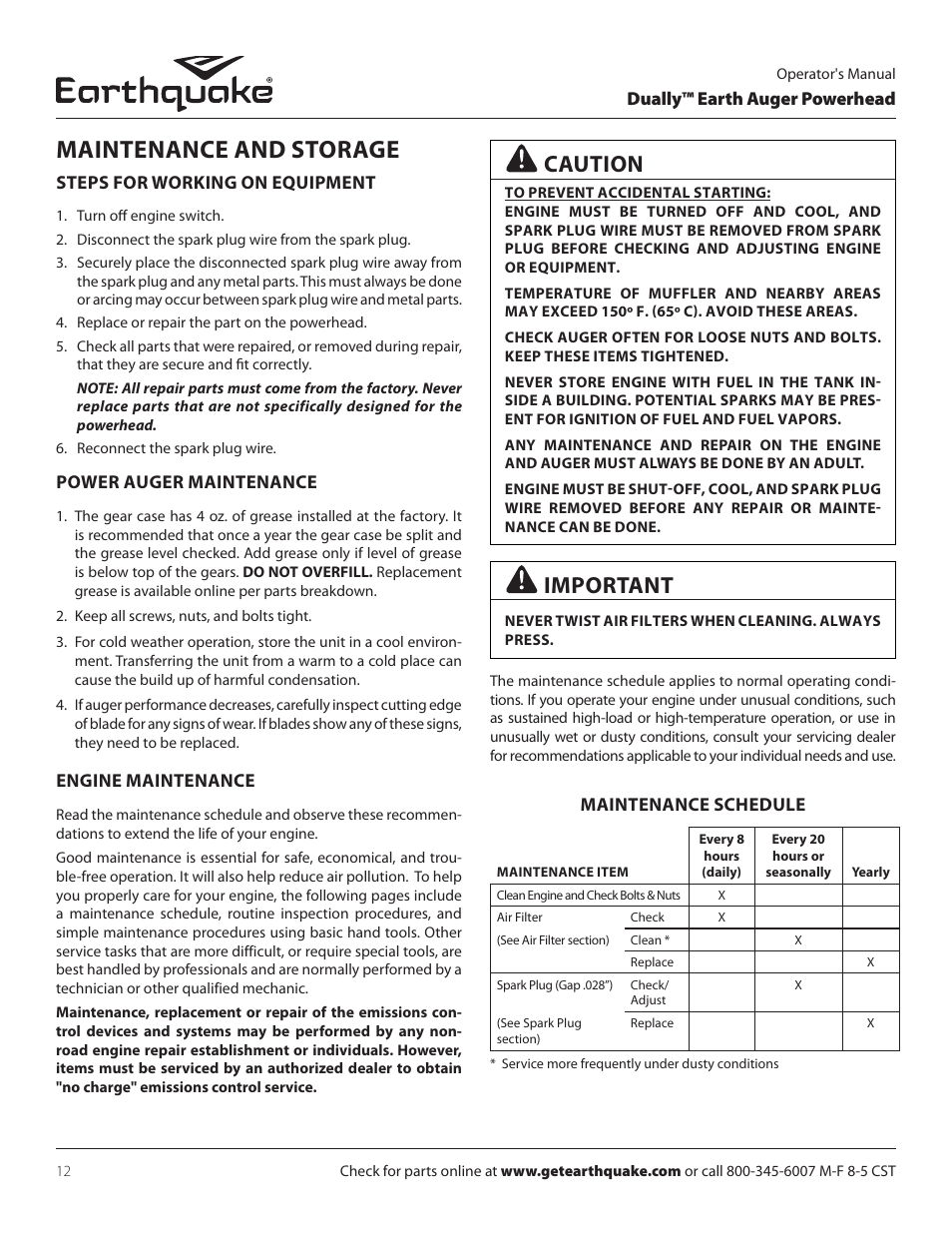 Maintenance and storage, Caution, Important | EarthQuake 10310 User Manual | Page 12 / 72