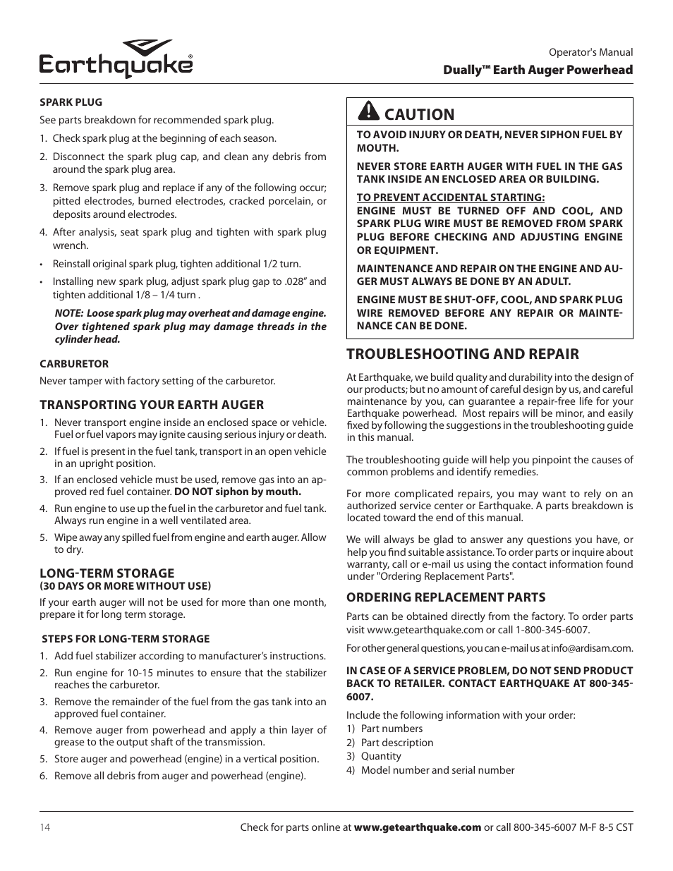 Caution, Troubleshooting and repair | EarthQuake 10310 User Manual | Page 14 / 72