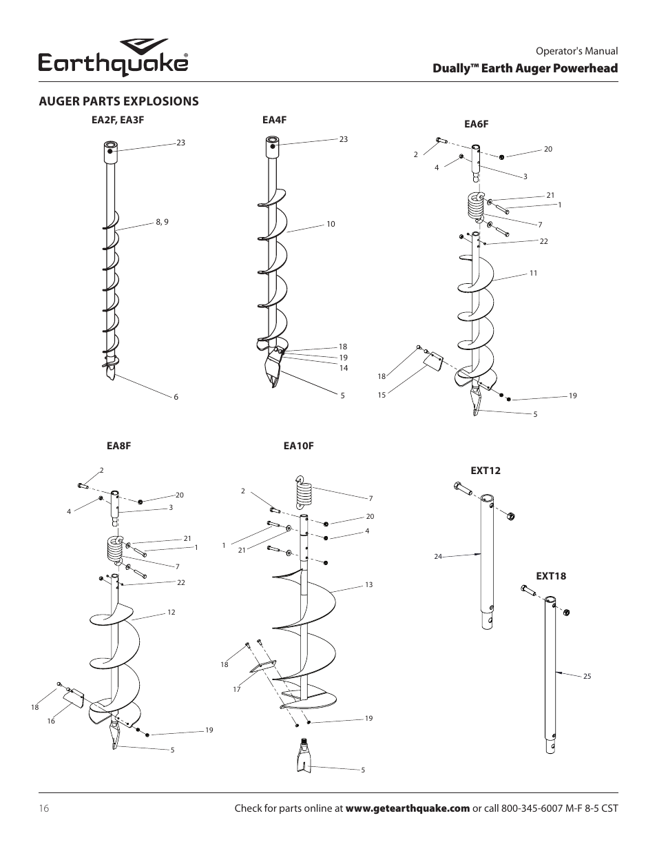 Dually™ earth auger powerhead, Auger parts explosions, Ext12 | Ext18 | EarthQuake 10310 User Manual | Page 16 / 72
