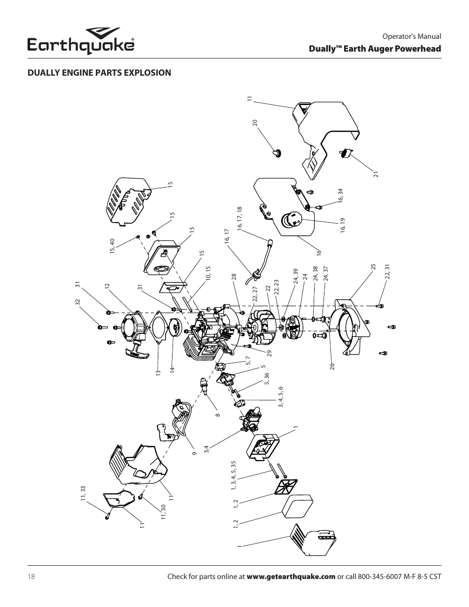 Dually™ earth auger powerhead, Dually engine parts explosion | EarthQuake 10310 User Manual | Page 18 / 72