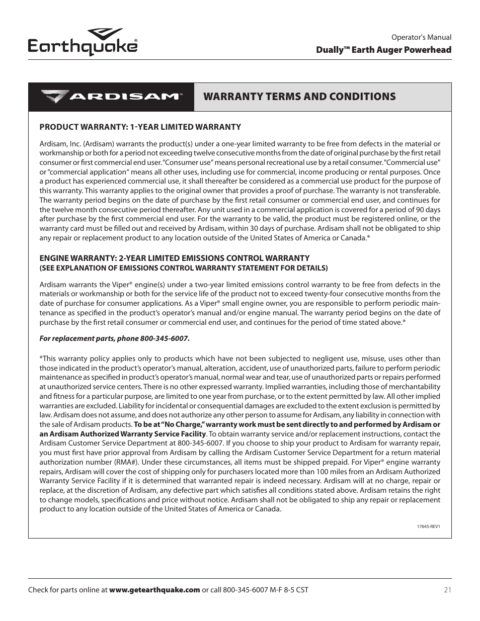 Warranty terms and conditions | EarthQuake 10310 User Manual | Page 21 / 72